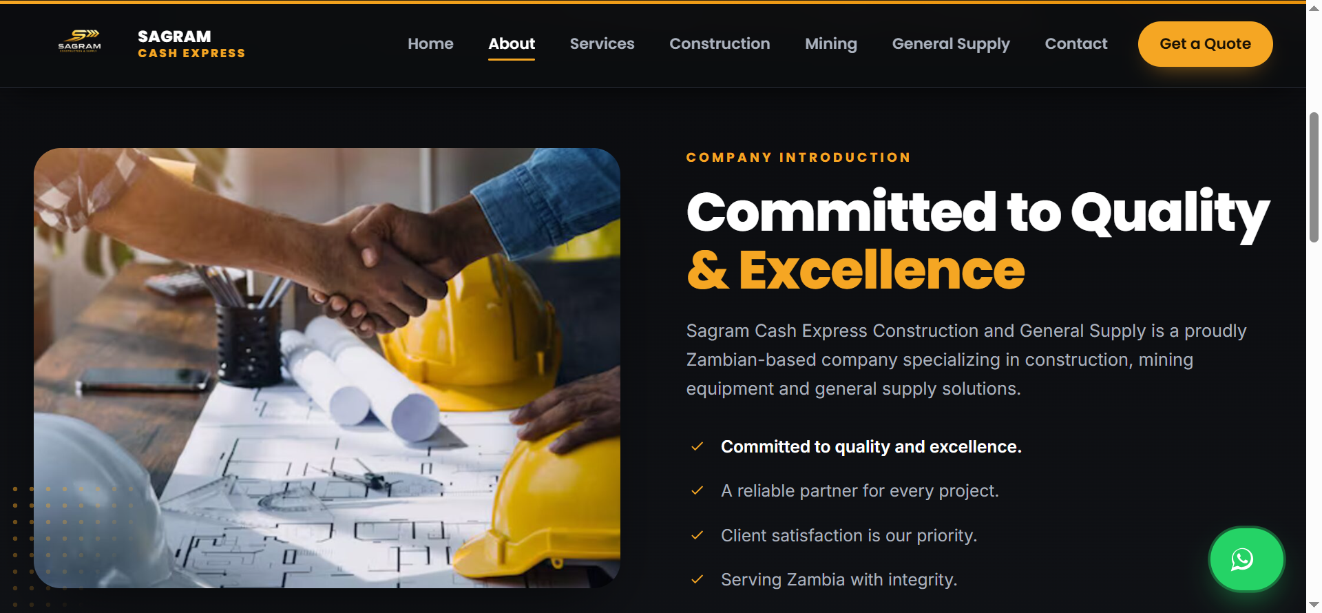 The About section introduces Sagram’s mission and values, reinforcing trust while showcasing its commitment to quality, reliability, and industrial excellence.