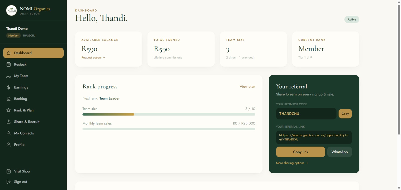 NOMI Organics distributor dashboard