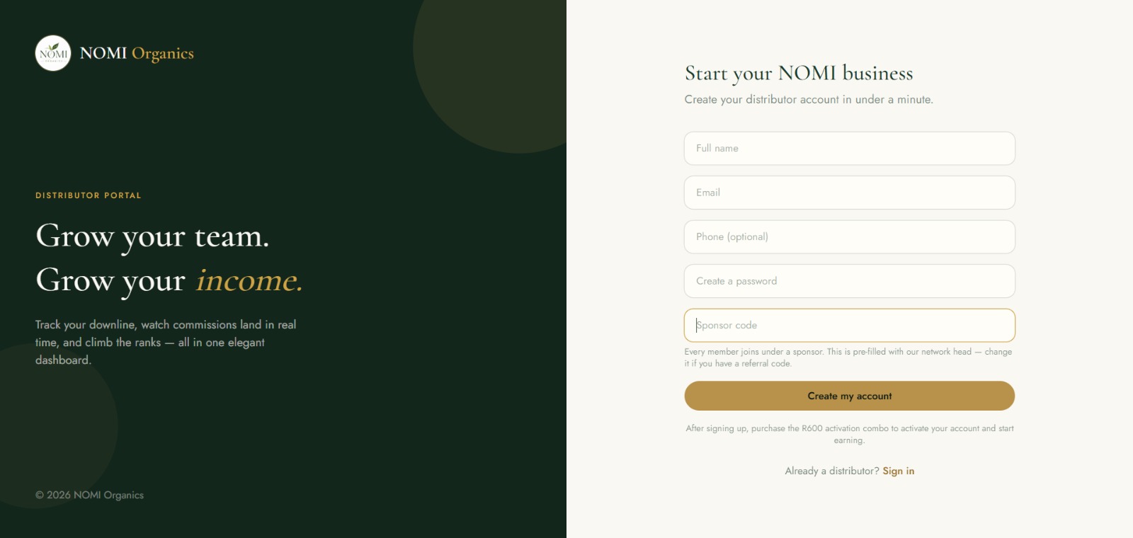 NOMI Organics distributor signup