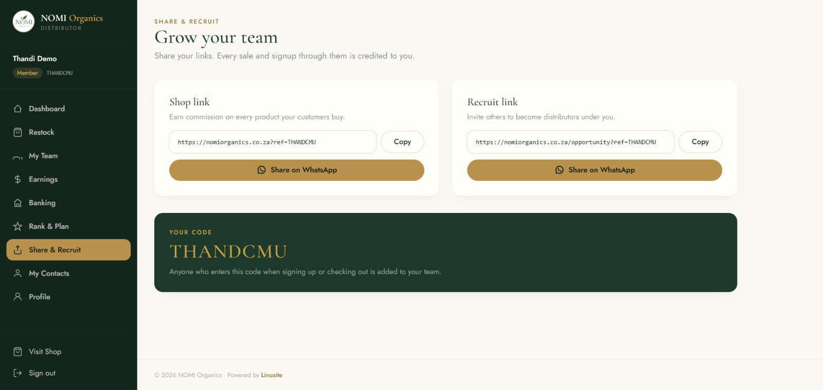 NOMI Organics share and recruit links