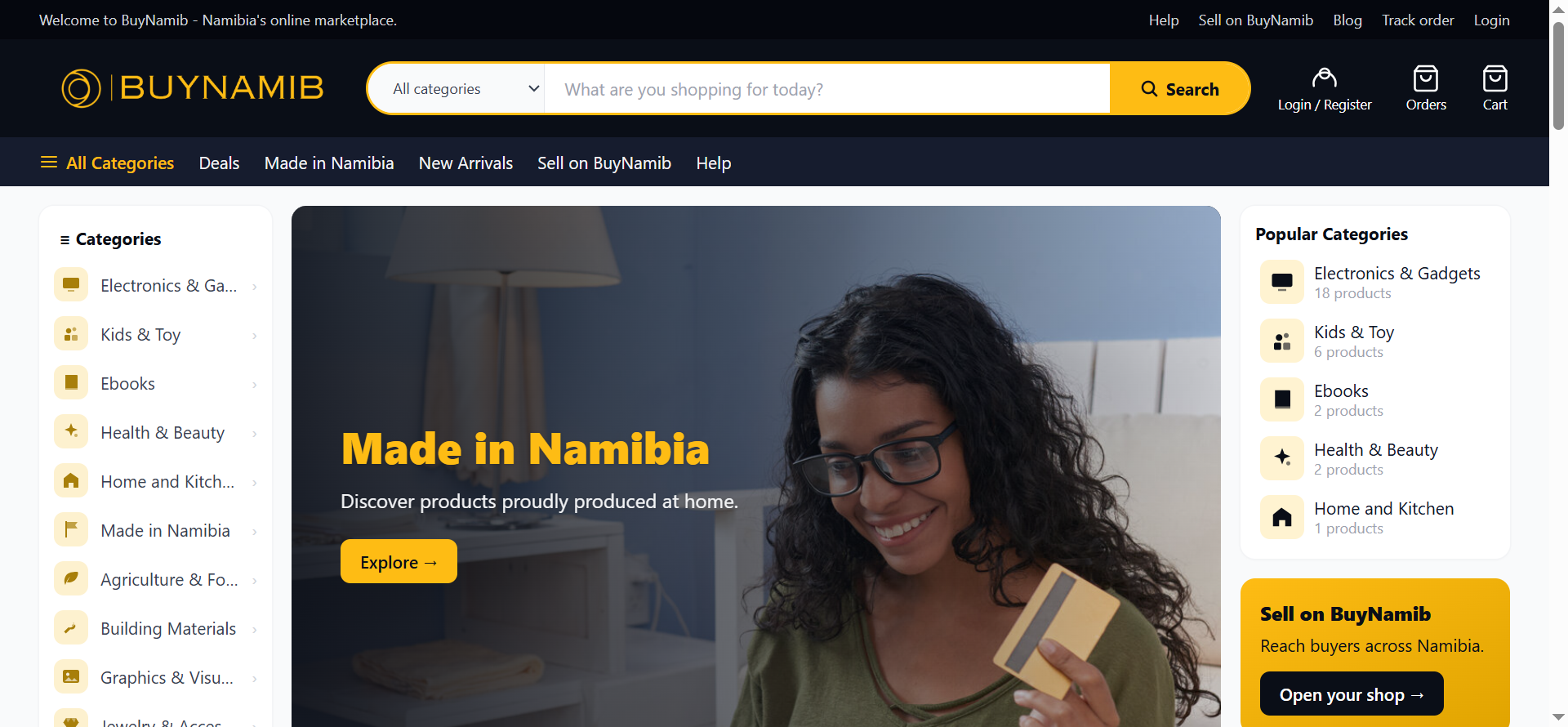 BuyNamib’s homepage delivers a clear and engaging marketplace experience, highlighting local products and encouraging users to explore and shop from trusted Namibian sellers.
