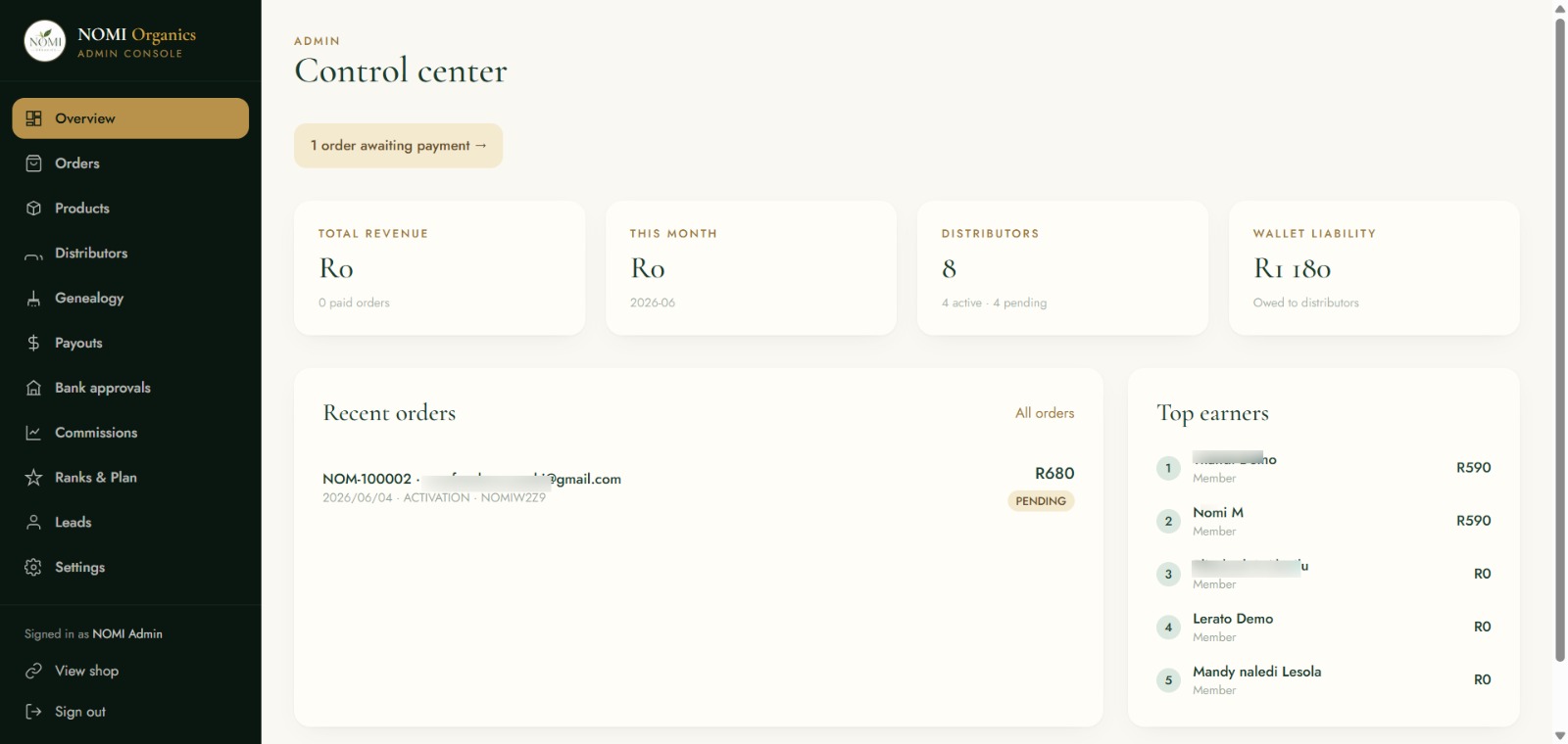 NOMI Organics admin control center dashboard