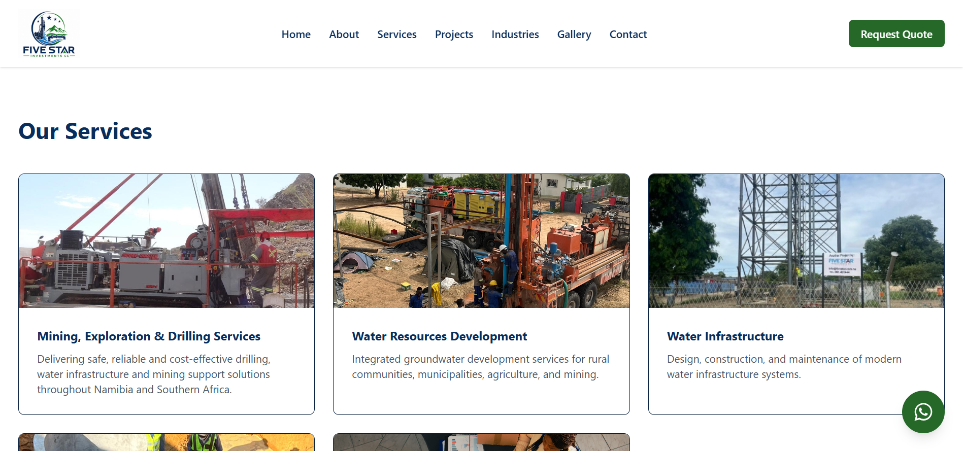 The services section presents the company's core offerings, allowing visitors to easily explore drilling, solar systems, water engineering, and construction solutions.