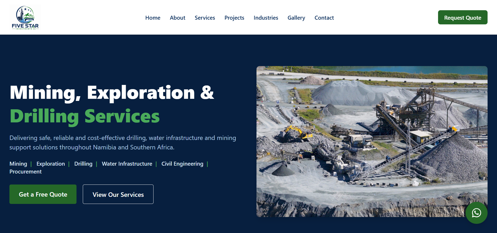 The homepage introduces Five Star Investments' multidisciplinary services while highlighting its expertise in construction, engineering, water solutions, and sustainable infrastructure development.