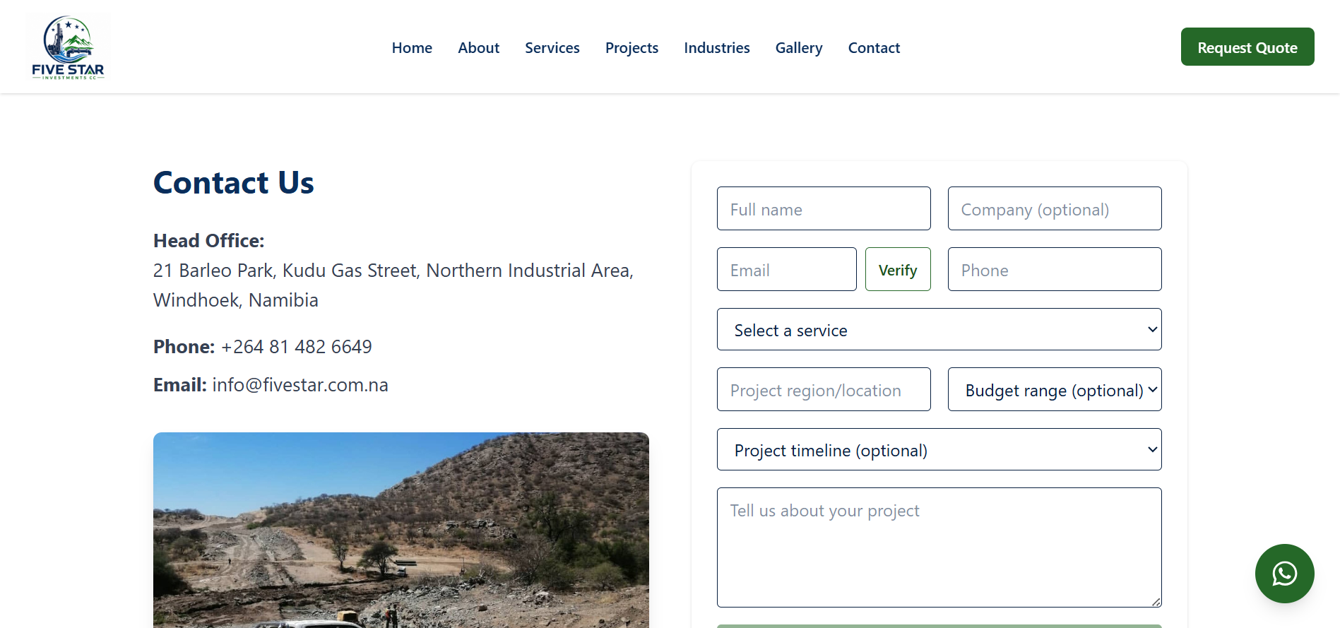 The contact section provides accessible communication channels that enable clients to request quotations, consultations, and project support.