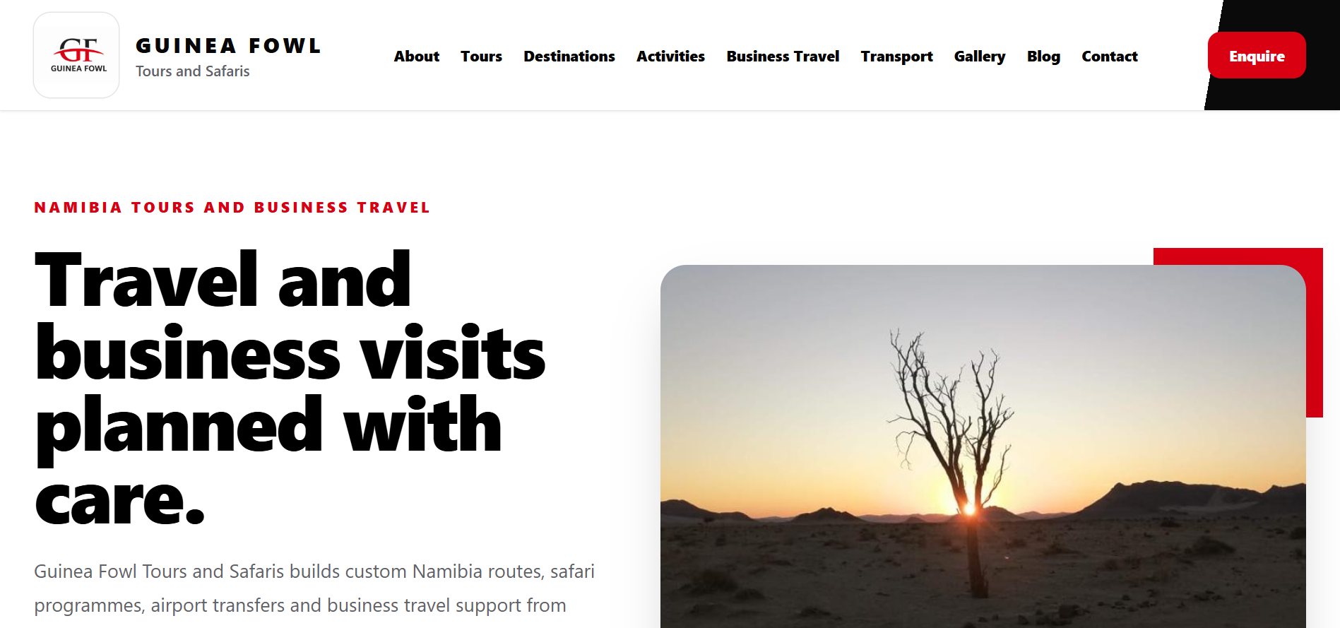 The homepage introduces Guinea Fowl Tours and Safaris while highlighting its travel, safari, transport, and business travel services throughout Namibia.