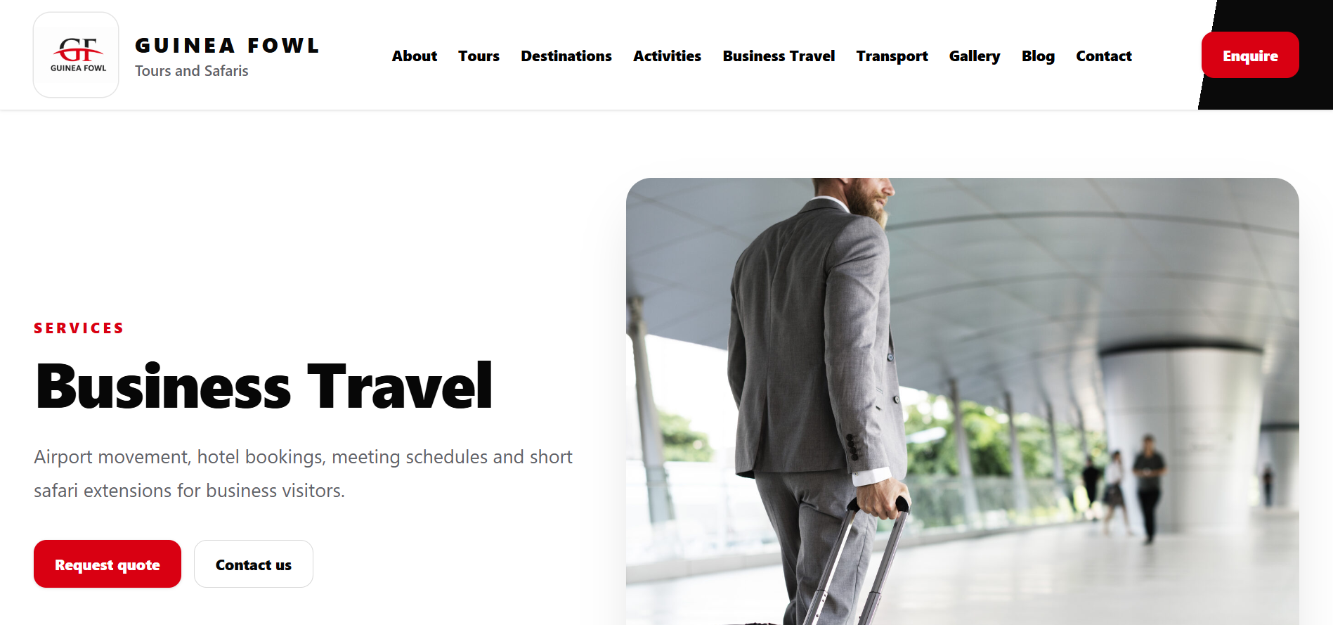 The business travel section highlights travel support services designed to assist professionals and organizations with their travel needs.