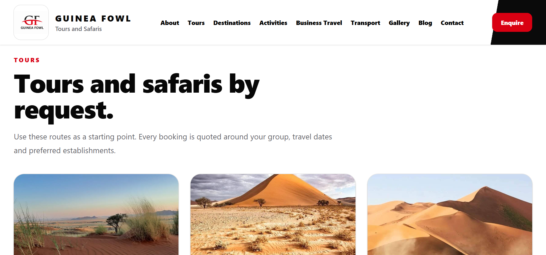 The tours section showcases curated travel experiences designed to help visitors explore Namibia through organized routes and safari programmes.