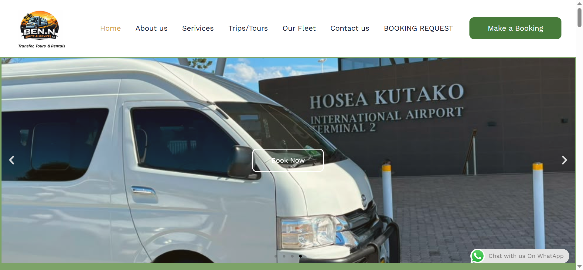 The homepage presents Benn Shuttle Services and provides visitors with access to transfer, tour, and rental services through a clear navigation structure.