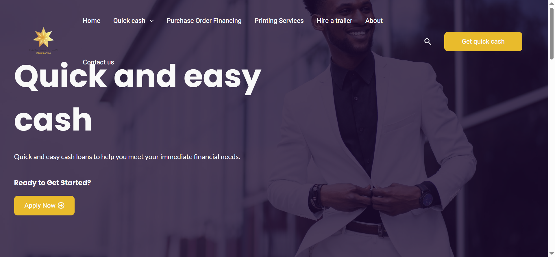 The quick cash section is presented as a key service offering, providing visitors with access to information related to cash finance solutions.