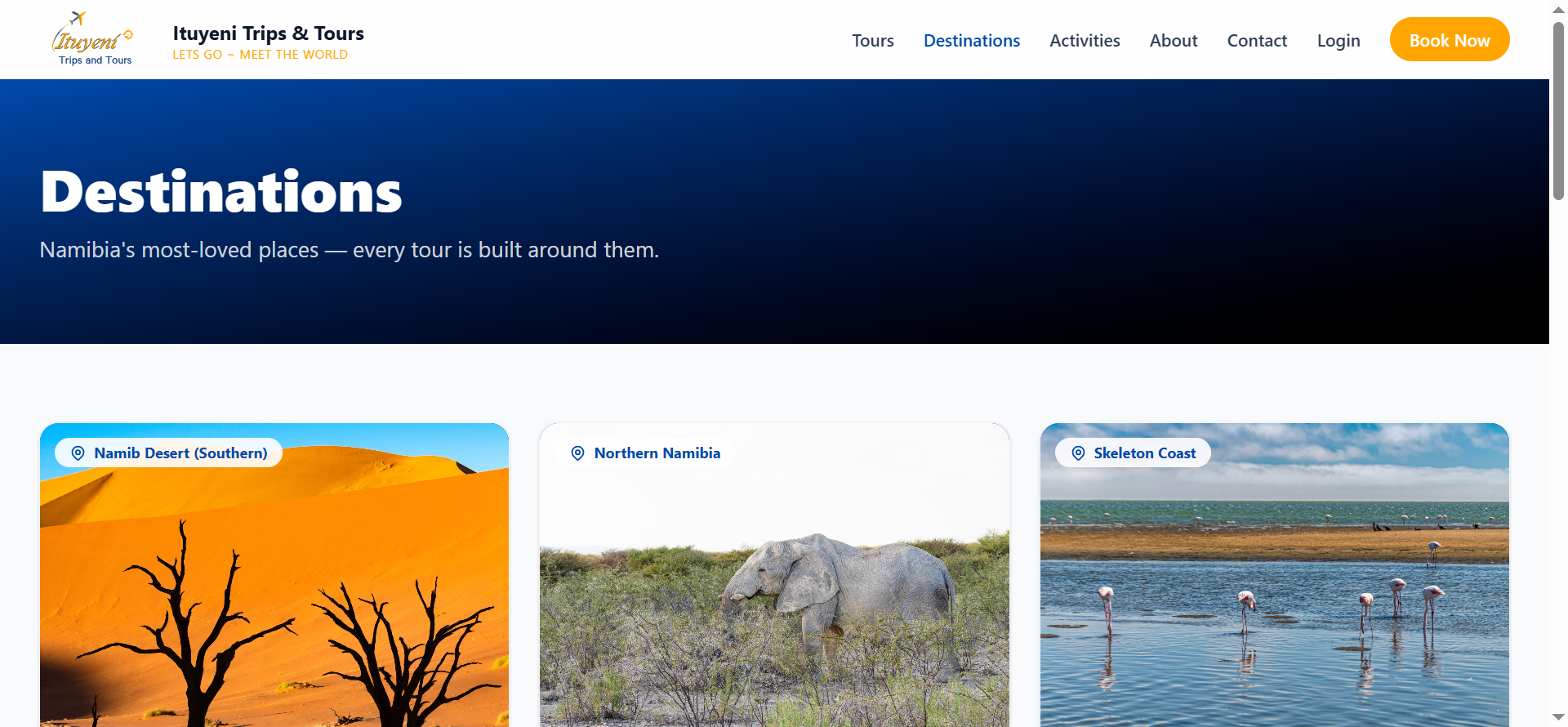 Visitors can explore destinations including Sossusvlei, Etosha National Park, Swakopmund, Damaraland, Kalahari Desert, and the Skeleton Coast through organized tour experiences.