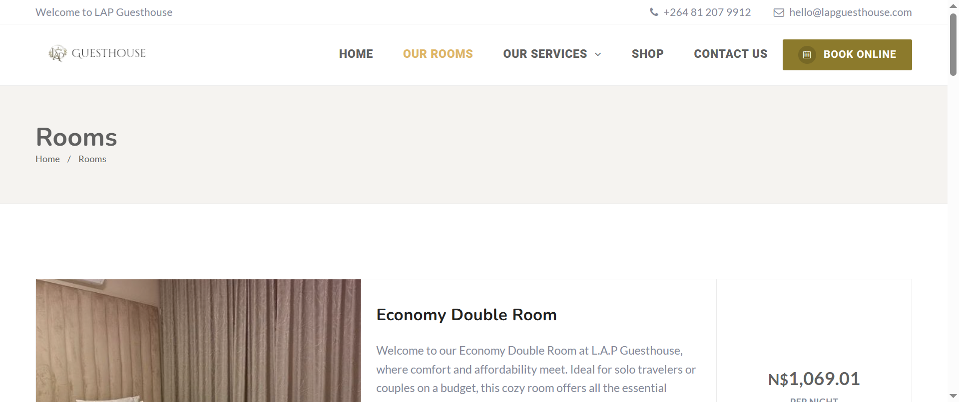 The rooms section provides visitors with access to accommodation information and helps guests explore available room options.
