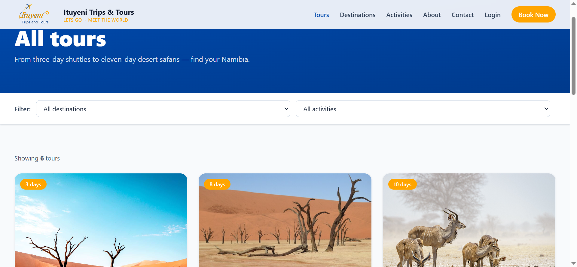 The featured tours section showcases hand-picked itineraries ranging from short shuttle experiences to multi-day guided adventures across Namibia’s most iconic destinations.