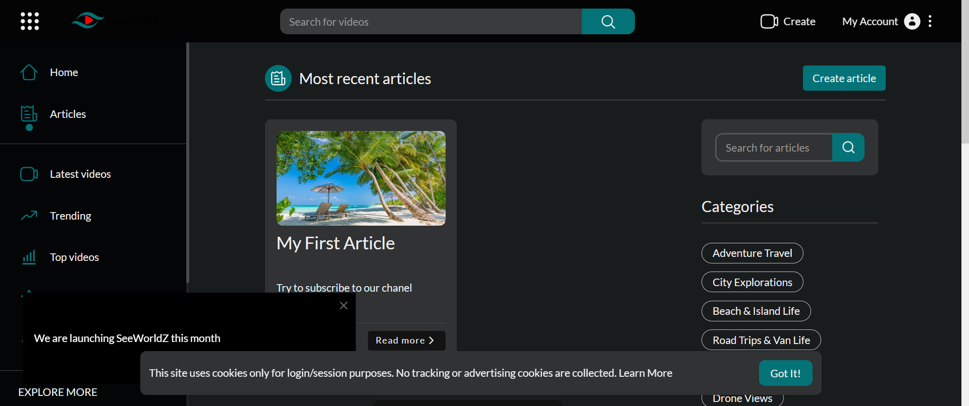 The articles section provides users with additional content and information that complements the platform’s travel and adventure experiences.