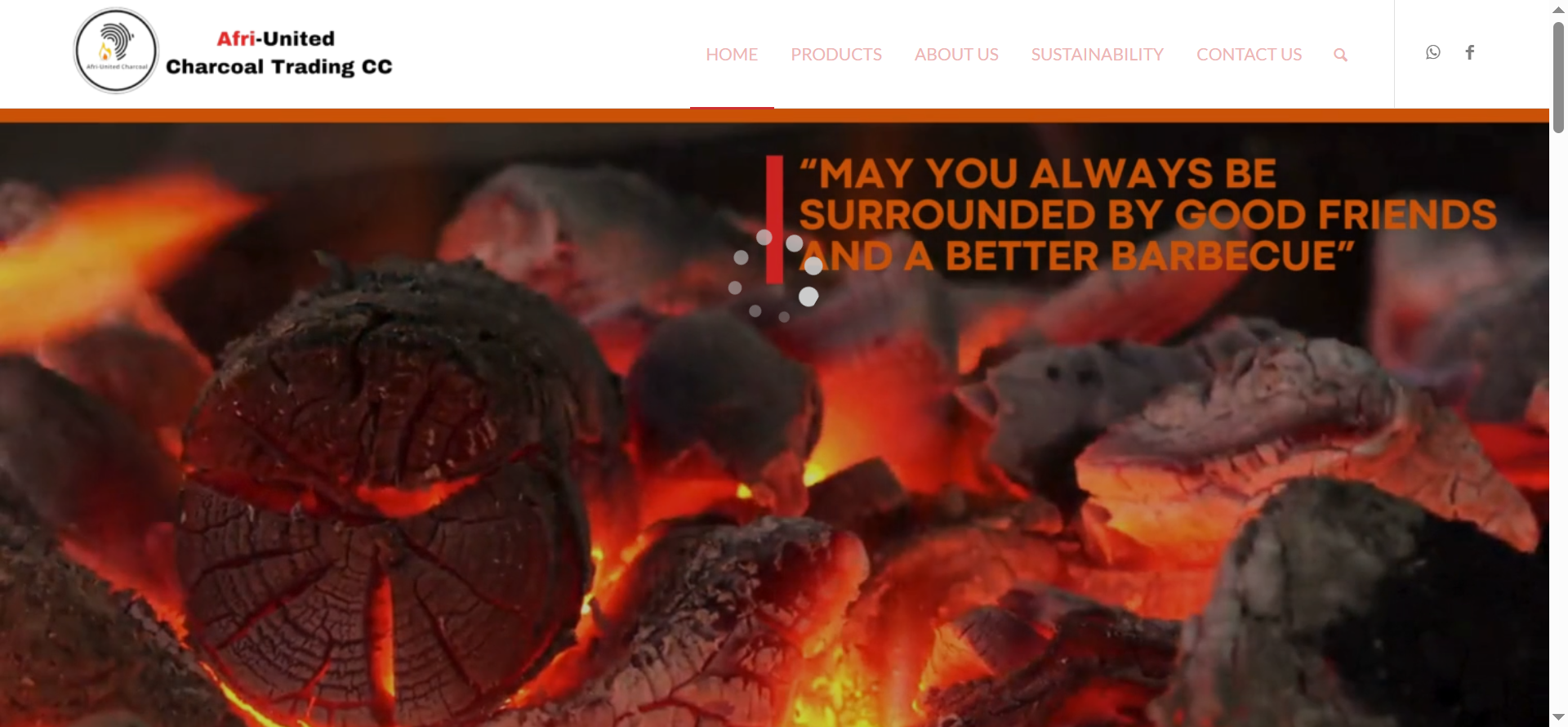 The homepage introduces Afri United Charcoal Trading CC as a supplier, manufacturer, and exporter of high-quality Namibian charcoal products while highlighting its commitment to sustainability and customer satisfaction.