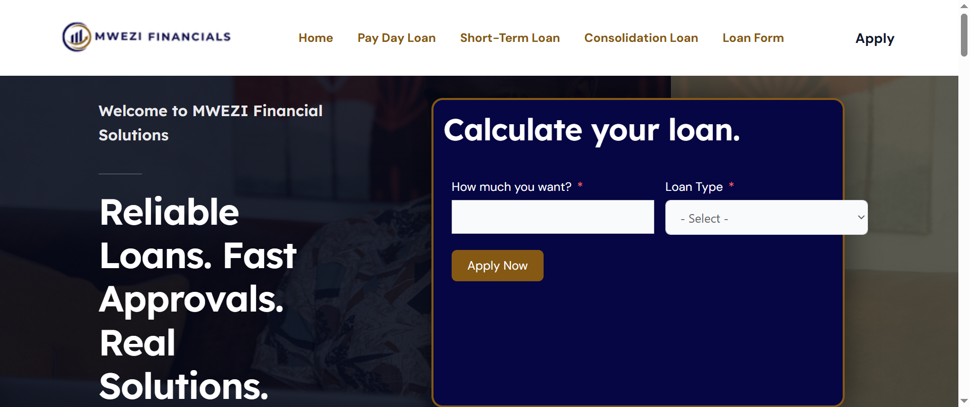 The homepage presents Mwezi Financials through a professional interface, highlighting loan services and providing users with direct access to key sections of the platform.