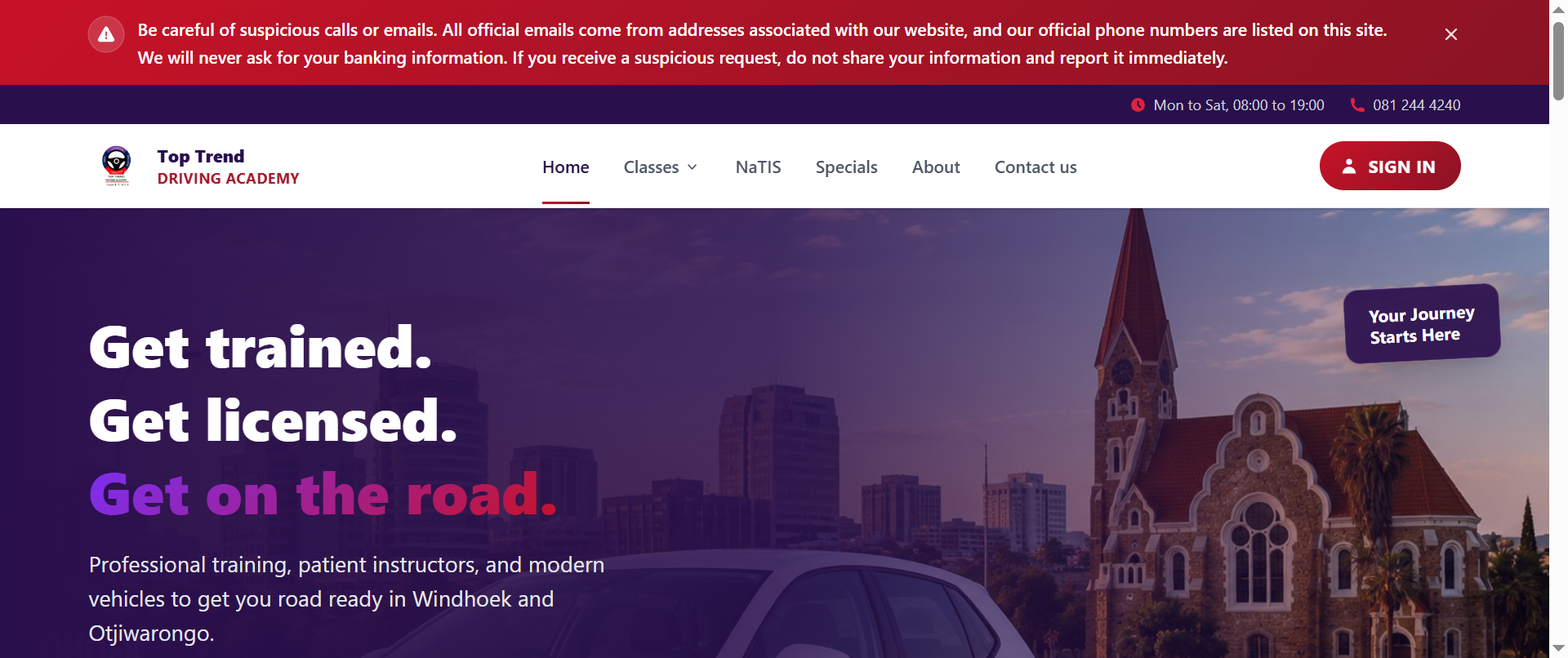 The homepage presents Top Trend Driving Academy and provides visitors with access to driving training services, course information, and academy resources.