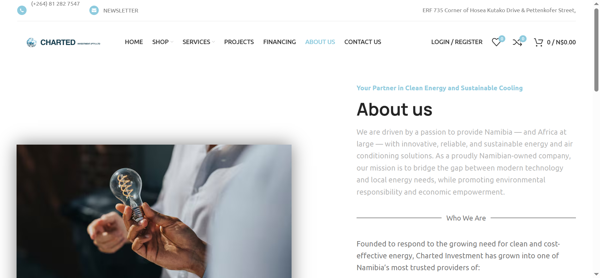 The about section provides visitors with information about the company and its business activities.