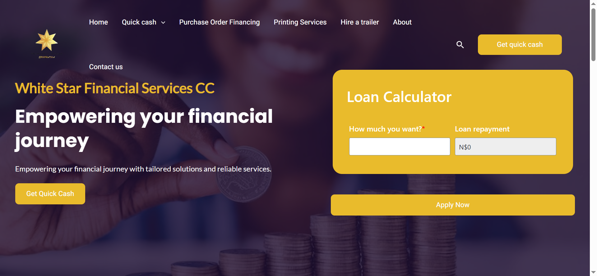 The homepage introduces White Star Financial Services CC and highlights its financial service offerings through a clear and professional interface.