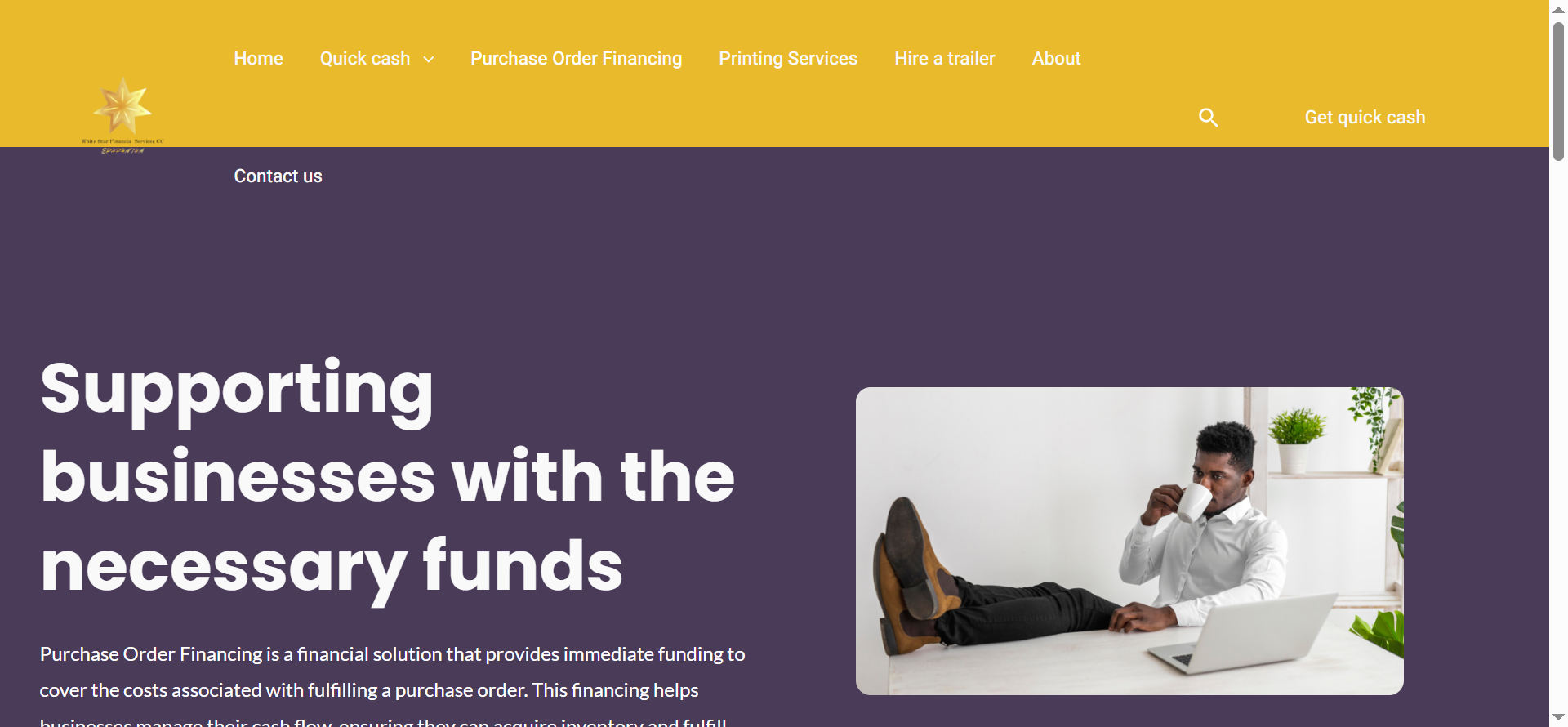 The purchase order financing section provides visitors with access to information about financing services available through the platform.