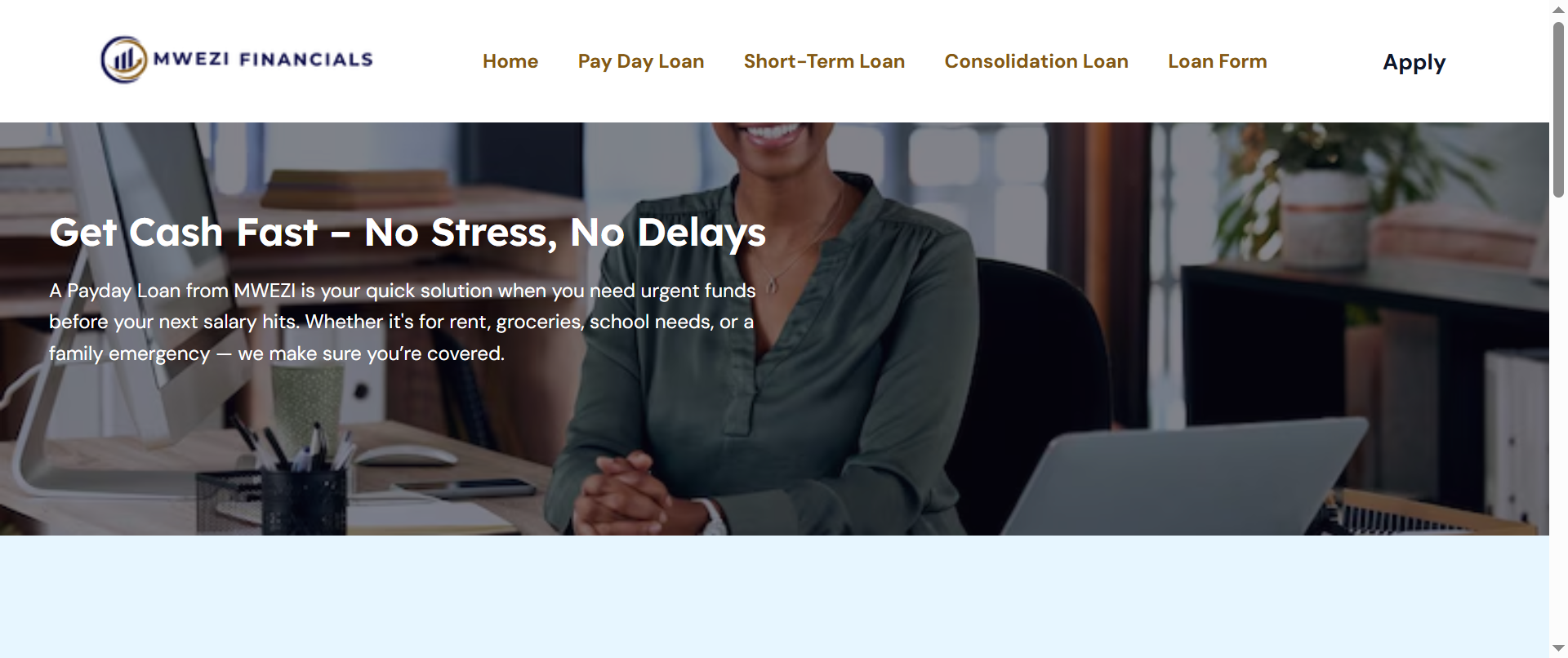 The pay day loan section is accessible from the main navigation, allowing visitors to explore information related to this loan offering.