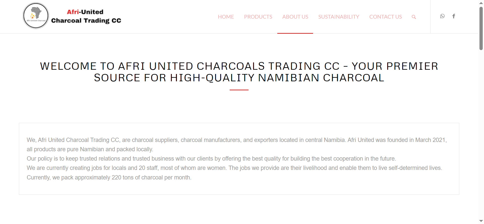 The company profile shares Afri United Charcoal Trading CC’s story, mission, vision, and commitment to delivering quality products while creating employment opportunities within local communities.