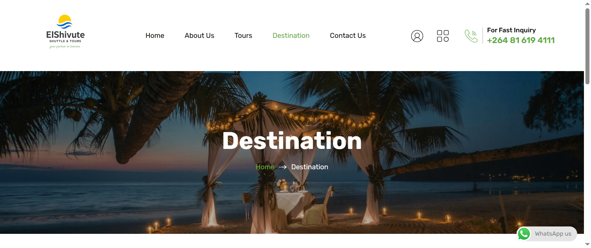 The destination section highlights locations featured by the platform, helping visitors explore places of interest and travel opportunities.