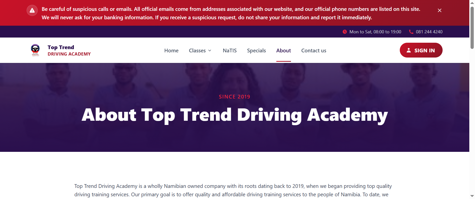 The about section introduces the academy’s background, mission, vision, and commitment to providing quality and affordable driving training services.