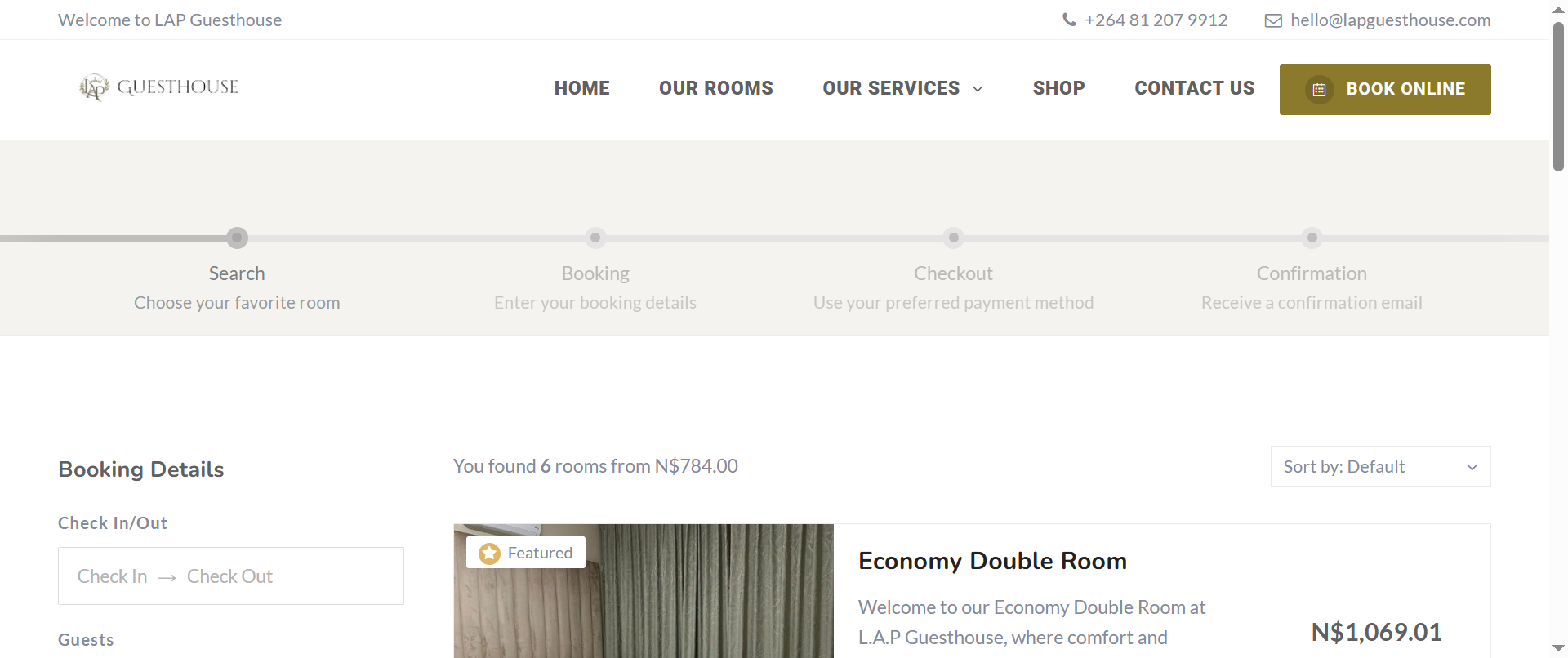 The booking section allows visitors to select check-in and check-out dates, specify guest numbers, and check room availability directly from the homepage.