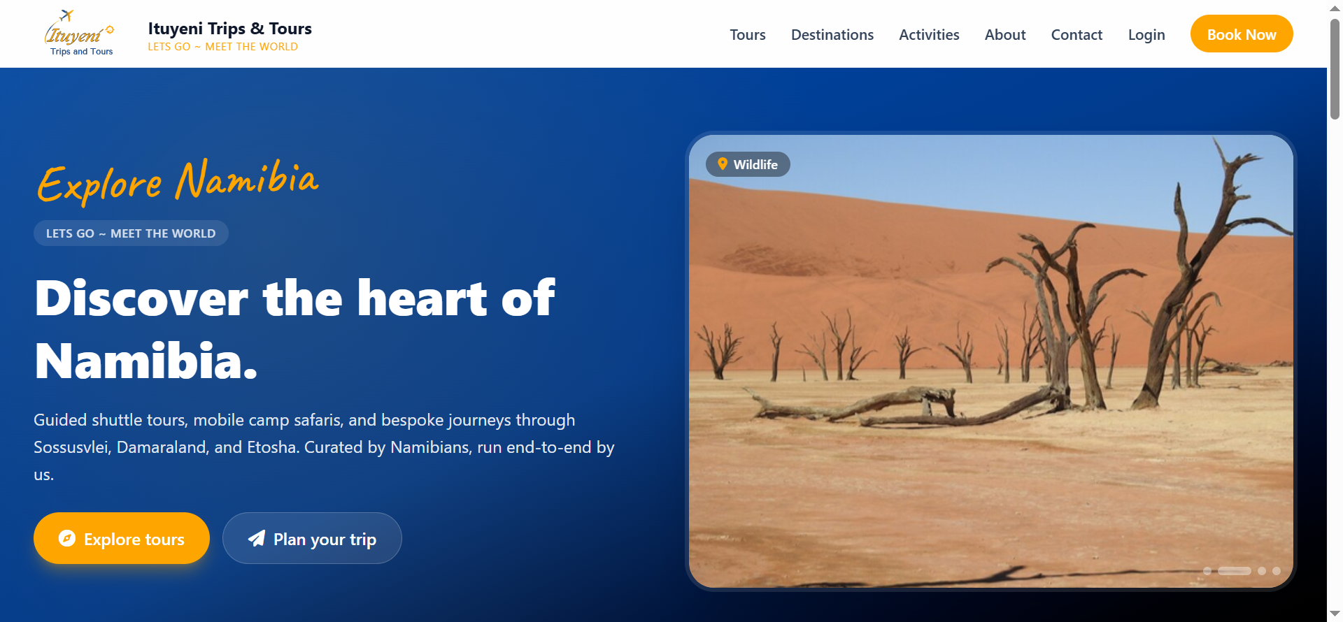 The homepage introduces Ituyeni Trips & Tours through a visually engaging travel experience, highlighting guided shuttle tours, mobile camp safaris, and bespoke journeys across Namibia.