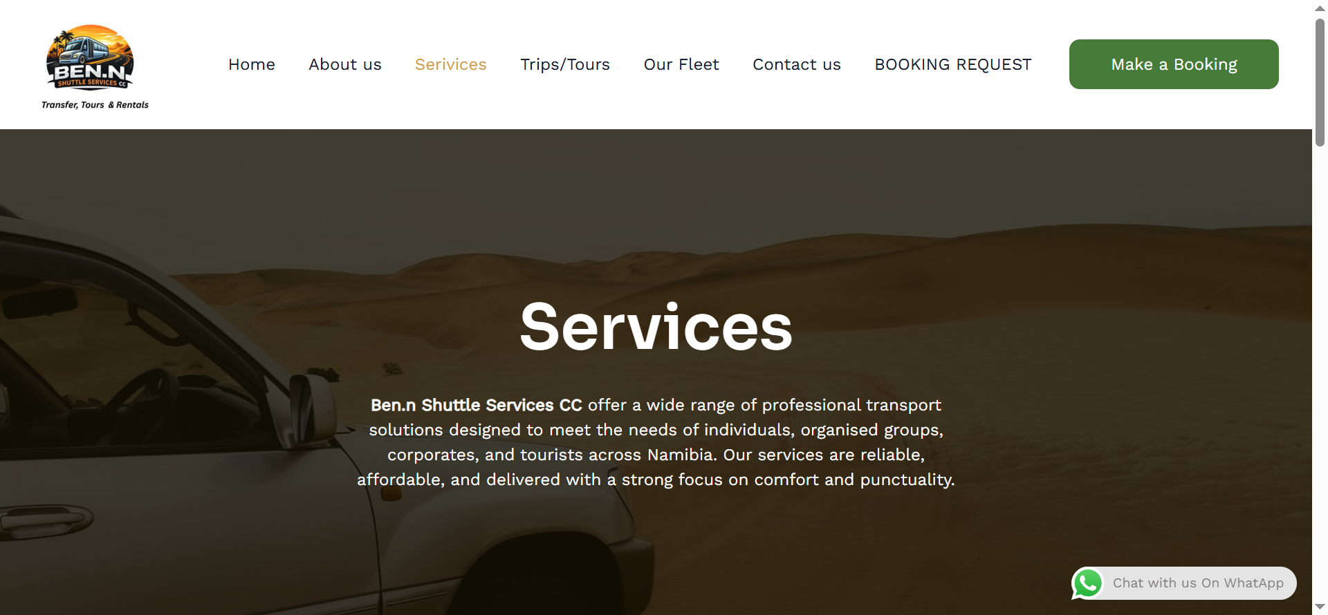 The services section provides access to information about the transportation and shuttle services available through the platform.