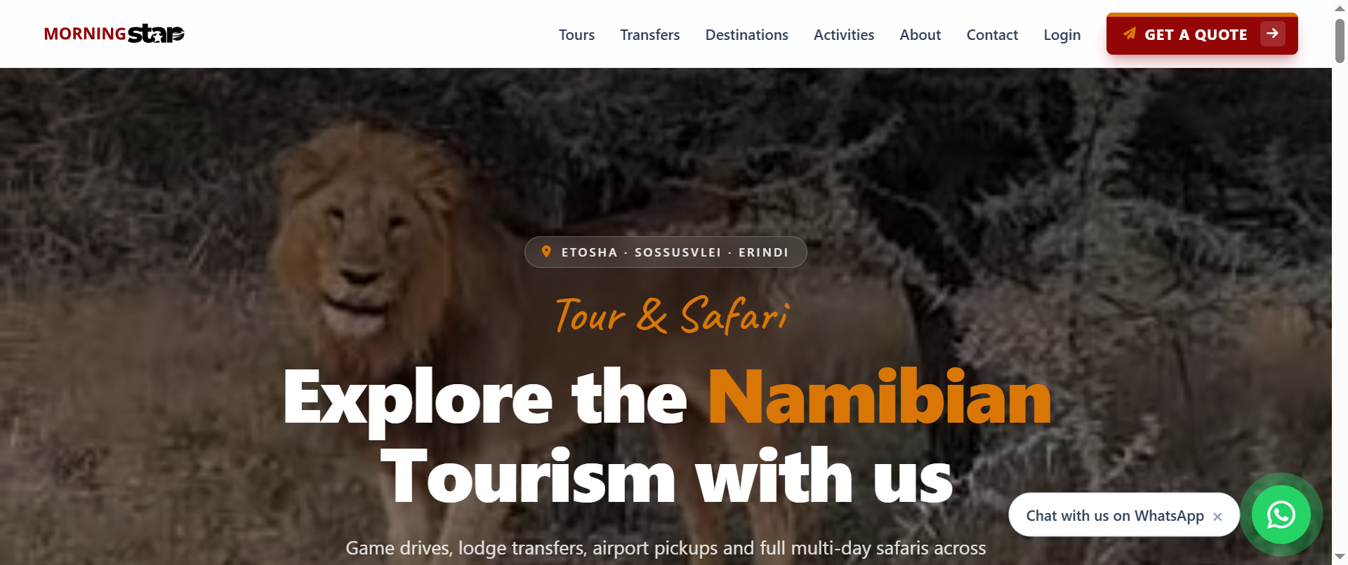 The homepage presents Morning Star Tours & Safaris through a clean navigation structure, providing visitors with access to tours, destinations, activities, and travel-related services.