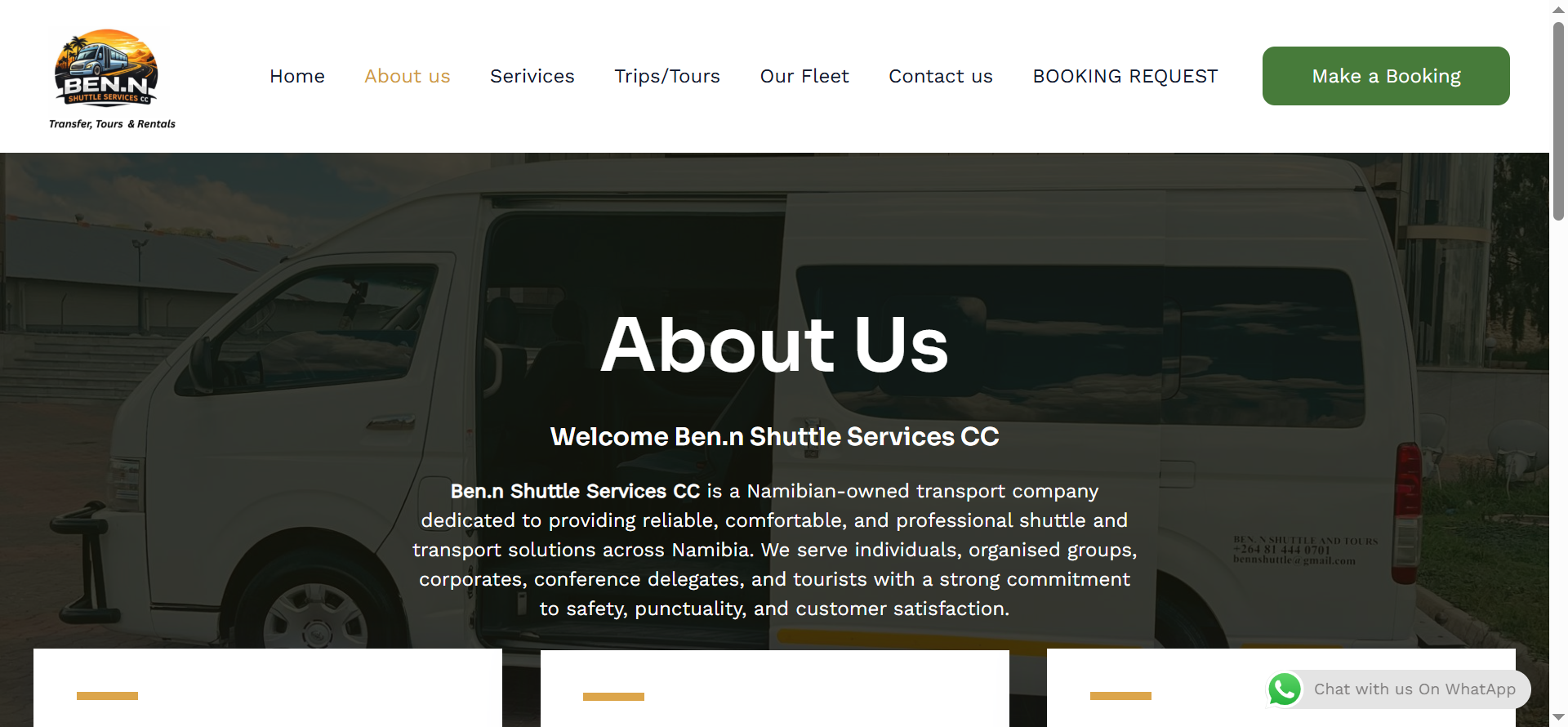 The about section provides visitors with information about Benn Shuttle Services and its transportation and travel-related offerings.