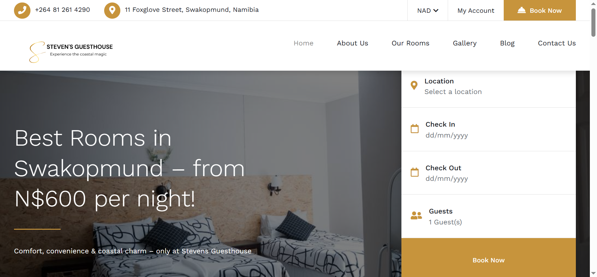 The homepage introduces Steven's Guesthouse and provides visitors with access to accommodation information, guest services, and booking options.