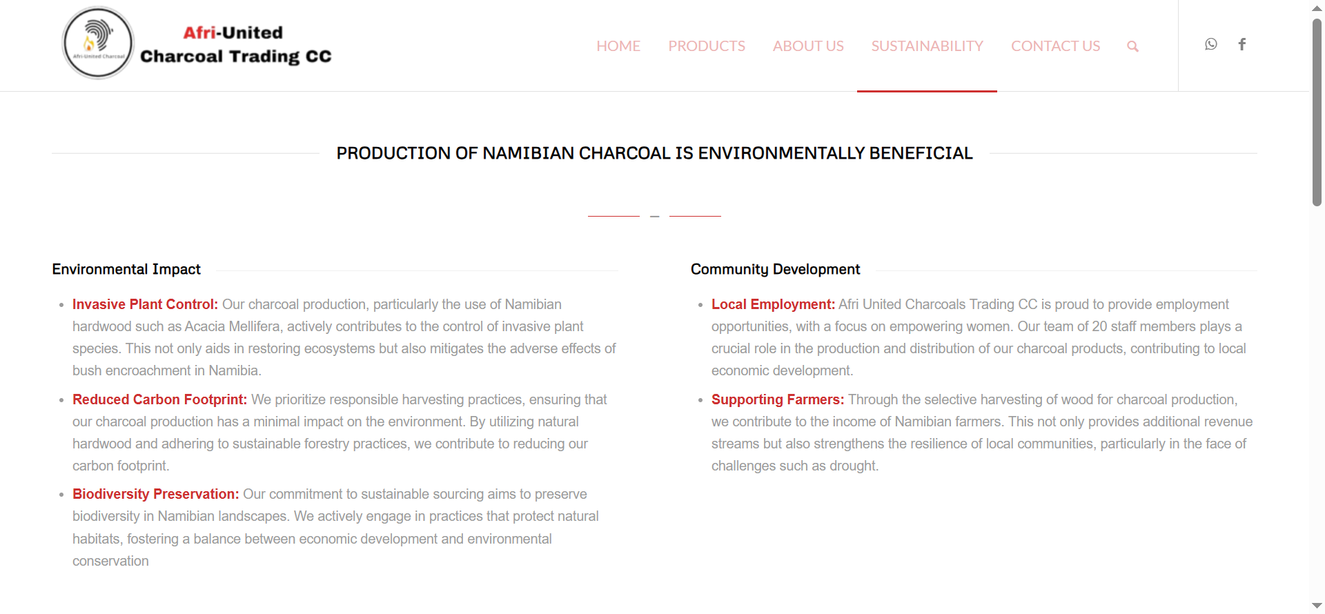 The sustainability section highlights the company’s commitment to environmental responsibility and sustainable charcoal production practices.