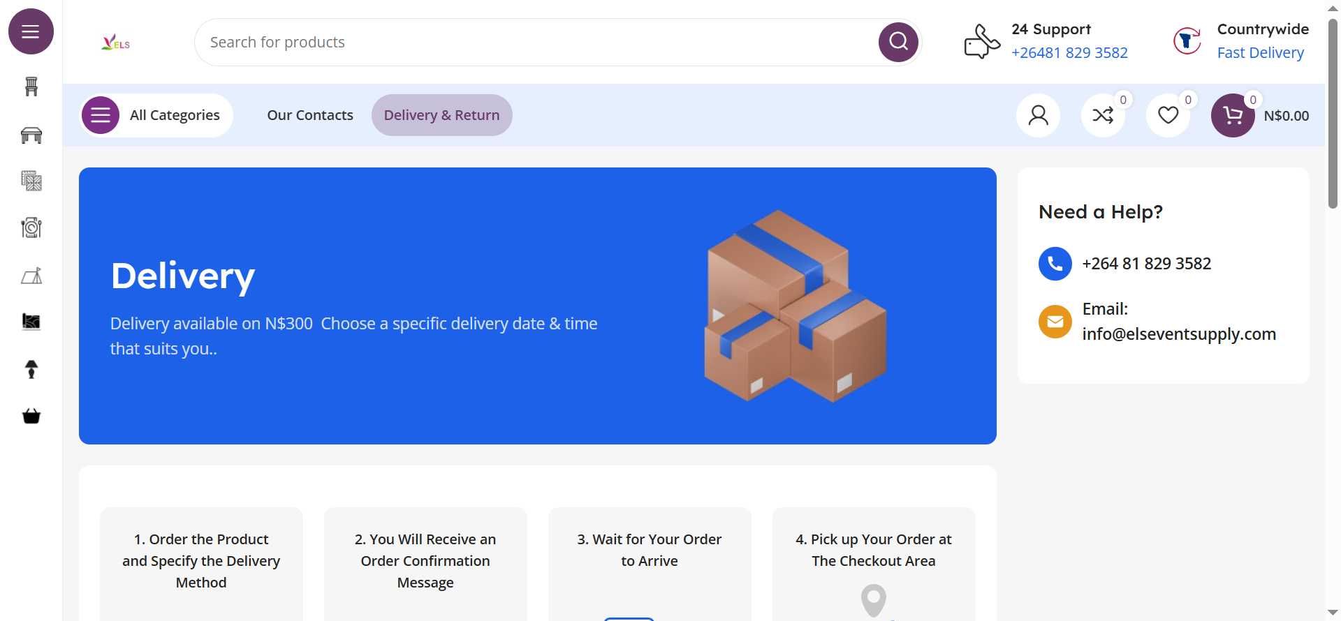 The delivery and return section provides visitors with access to information relating to delivery services and return policies.