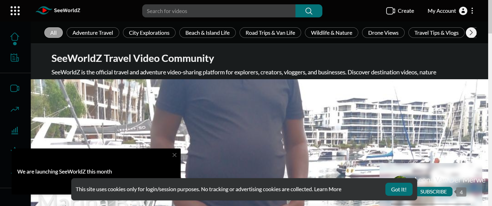 The homepage introduces SeeWorldZ as a travel and adventure video-sharing platform where users can discover, create, and engage with travel-focused content.