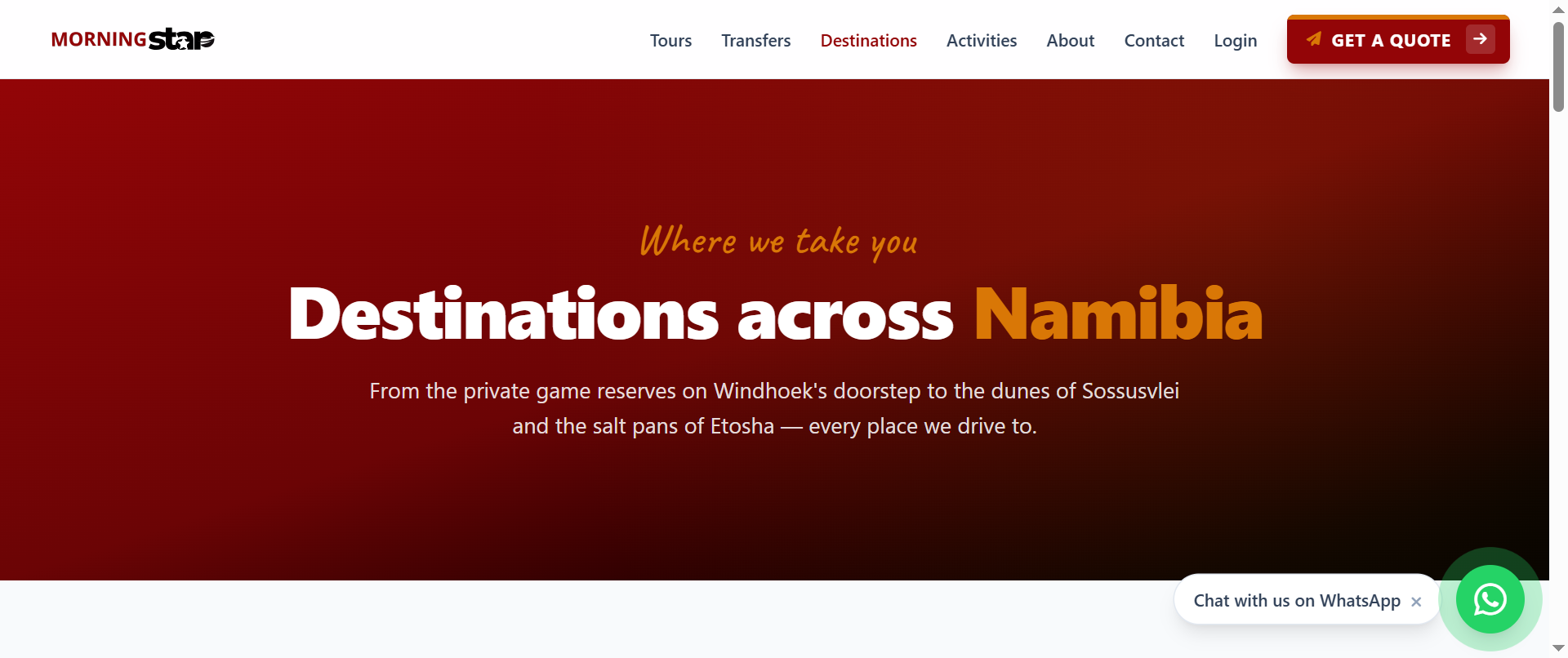 The destinations section allows visitors to explore locations and travel opportunities featured by the platform.