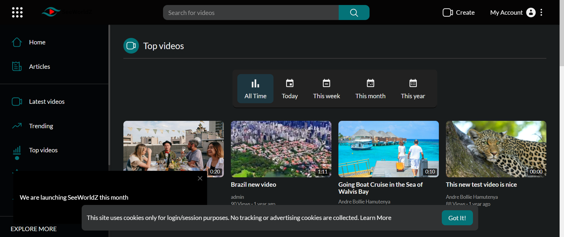 The top videos section presents featured travel content, making it easier for users to explore videos that stand out on the platform.