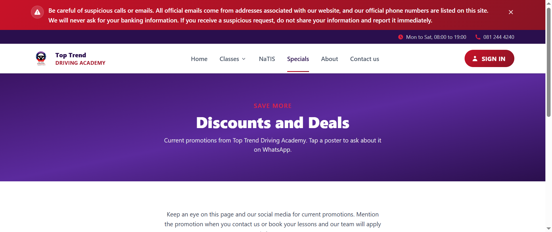The specials section provides visitors with access to current offers and promotional opportunities available through the academy.