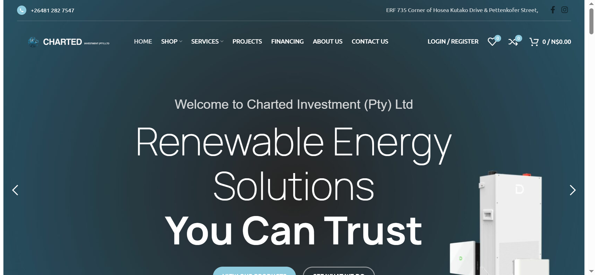 The homepage presents Charted Investment (Pty) Ltd through a professional interface, providing visitors with access to the company’s products, services, projects, and financing information.