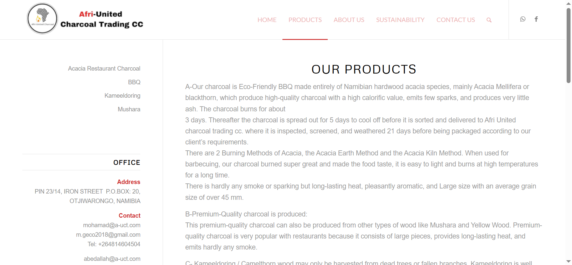 The product section presents the company’s charcoal range, including BBQ Acacia, Restaurant Charcoal, Mushara, and Kameeldoring products, allowing customers to explore available options.