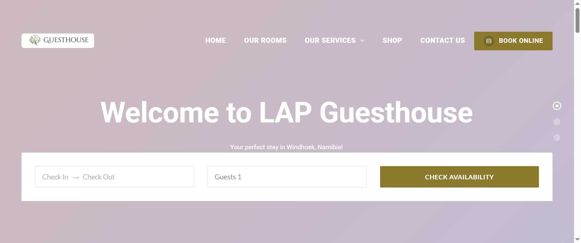 The homepage introduces LAP Guesthouse and presents a welcoming first impression while providing immediate access to accommodation and booking information.