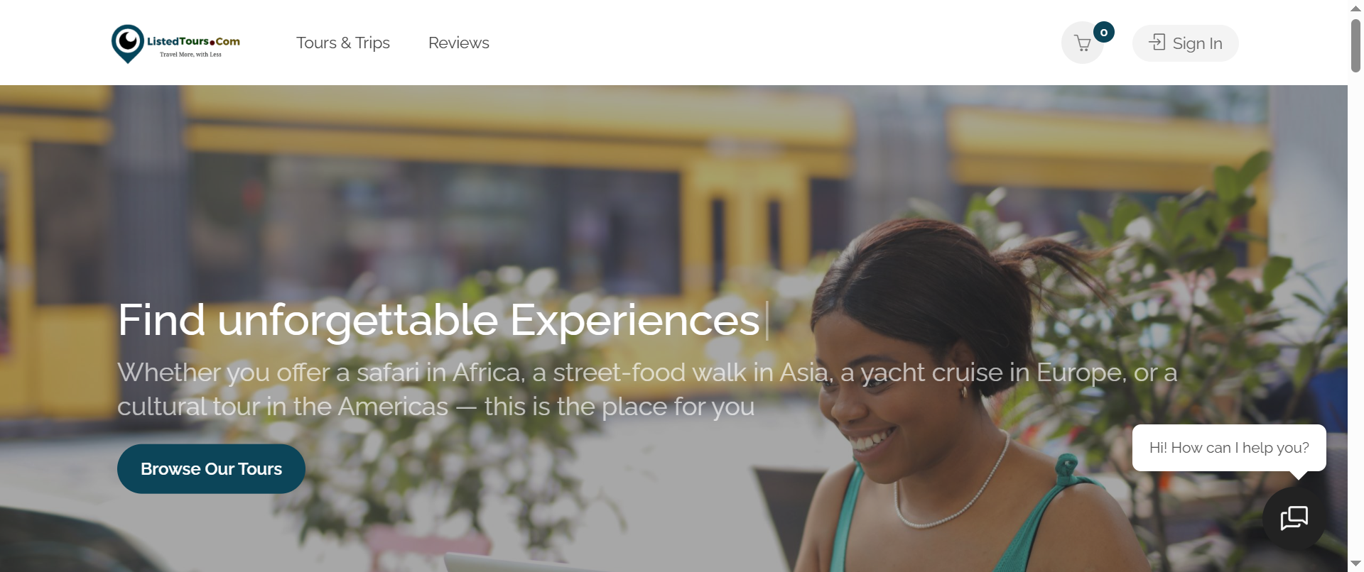 The homepage introduces Listed Tours as a global platform where travelers can discover tours and experiences while tour operators can showcase their offerings to a wider audience.