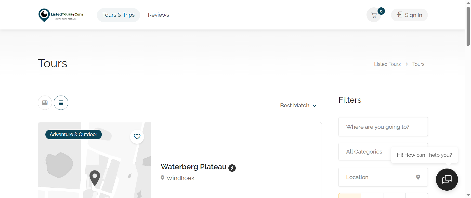 The platform organizes tours into categories such as Adventure & Outdoor, City Tours & Sightseeing, Wildlife & Safari, and Culture, History & Heritage, helping users browse experiences more efficiently.